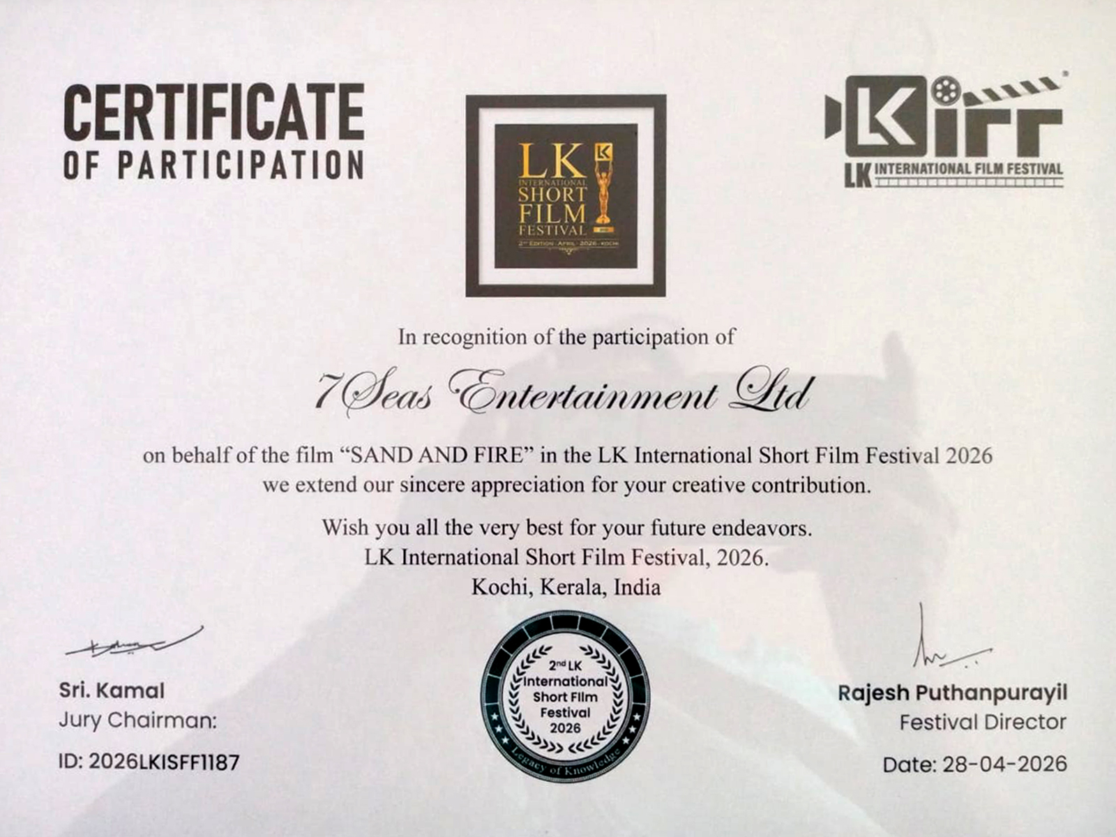 7Seas Entertainment Honored at LK International Short Film Festival 2026