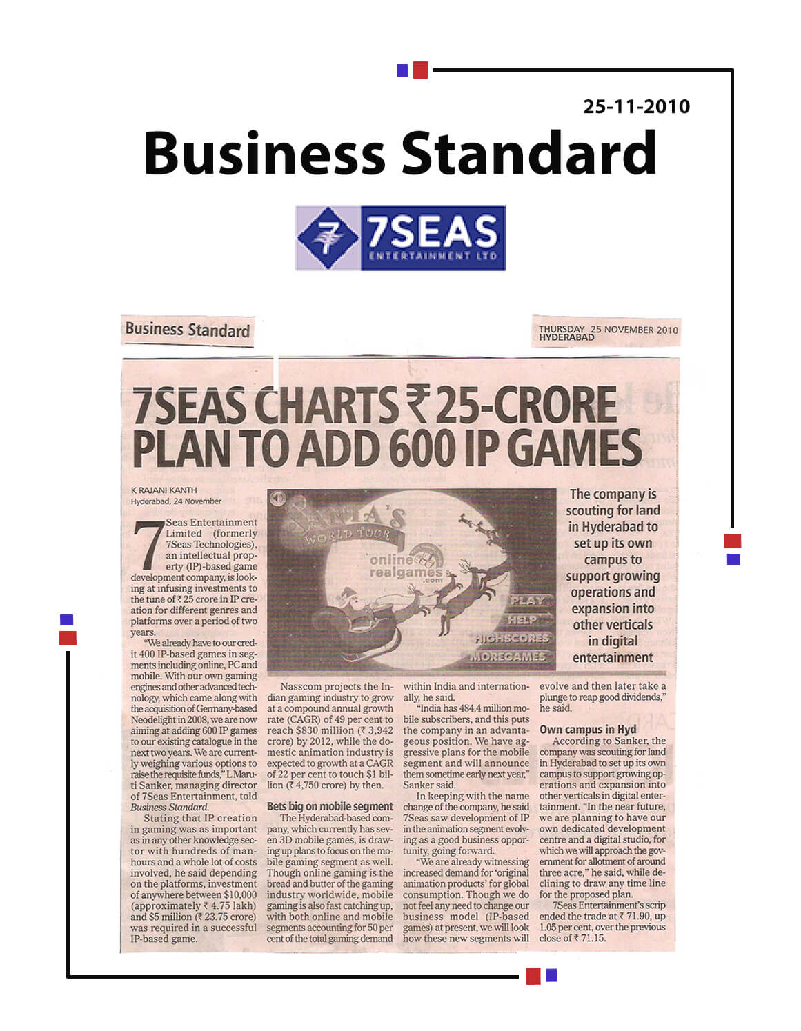 7Seas News Coverage on IP Games on Business Standard News Paper