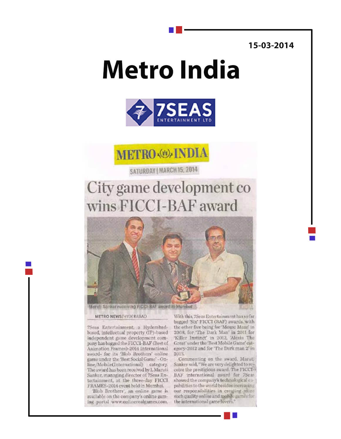 7Seas Entertainment bags FICCI-BAF 2014 Award