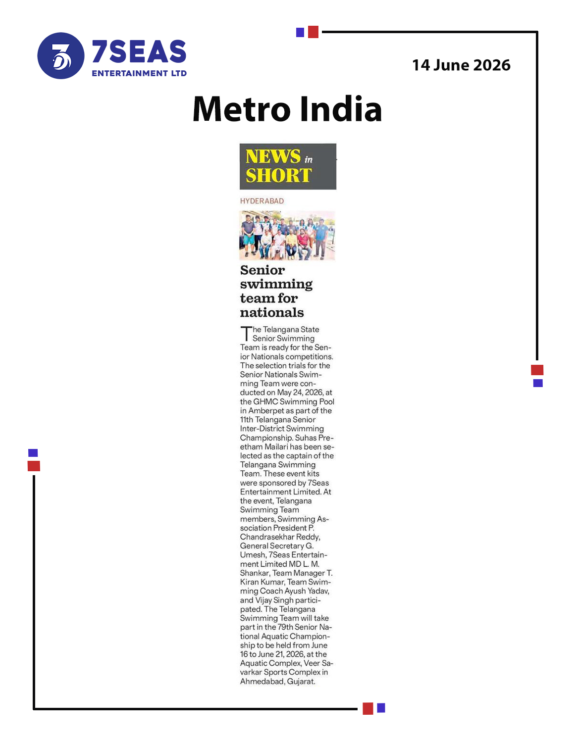 7Seas Entertainment Ltd. Sponsors the Telangana State Senior Swimming Team